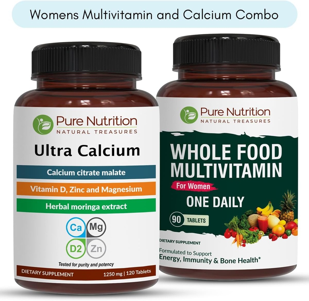 Pure Nutrition Ultra Calcium 1000mg and Whole Foods Womens Multivitamins 1500mg for Healthy Bones, Joints and Overall Wellness. Ultra Calcium 120 Tabs + Womens Multivitamins 90 Tabs.