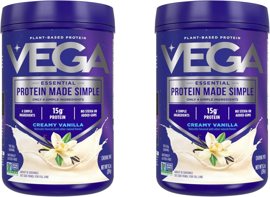 Vega Protein Hecho Simple Protein Powder, Vainilla - Stevia Gratis, Vegan, Planta Basada, Saludable, Gluten Gratis, Pea Protein for Women and Men, 9.2 oz (Packaging May Vary) (Pack of 2)