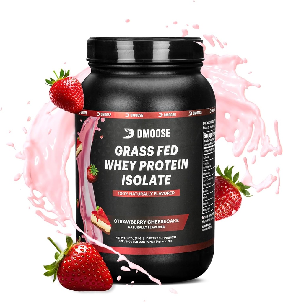 DMoose Grass Fed Whey Protein Powder - for Muscle Growth & Recovery, Naturally Sweetened & Flavored, Rich in Amino Acids, Fast Absorbing Performance Formula (2 Lbs, Strawberry)