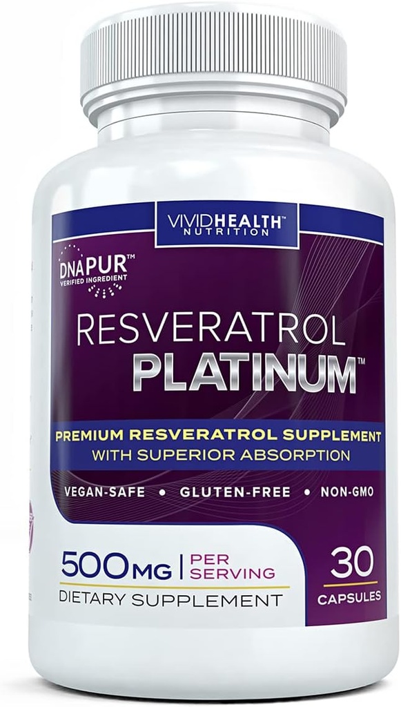 Resveratrol Platinum Antioxidants Supplement: Powerful Anti Aging Formula with Pure, Natural Trans Resveratrol for Immune Support, Vitality and Brain Health, 30 Gluten Free Veggie Capsules