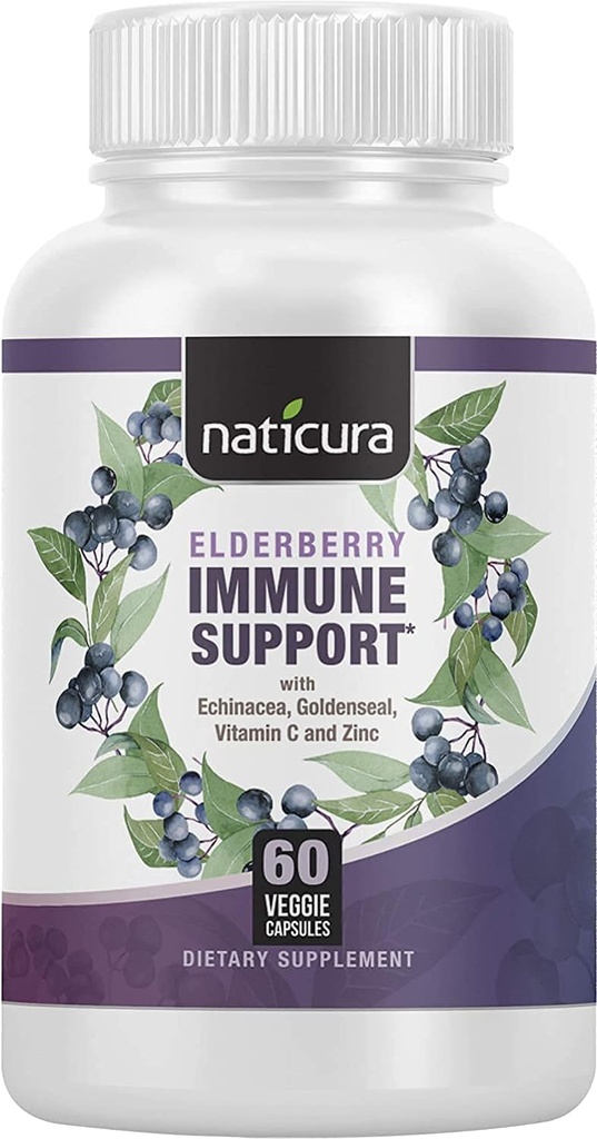 Elderberry Immune Support - Daily Supplement for Men and Women - Vitamin C, Zinc, Goldenseal, Echinacea and Elderberry - 60 Capsules, 5-in-1 with Prebiotics and Probiotics - Made in The USA