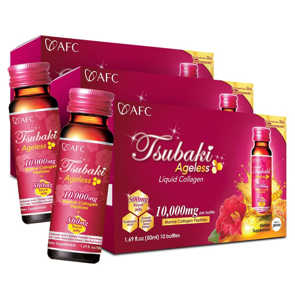 AFC Japan Tsubaki Ageless Liquid Collagen Drink for Women | 10,000mg Marine Collagen Peptides, 500mg Royal Jelly, Hyaluronic Acid | Supports Skin Hydration & Elasticity 1.69 fl.oz x 10 Bottles (3Pack)
