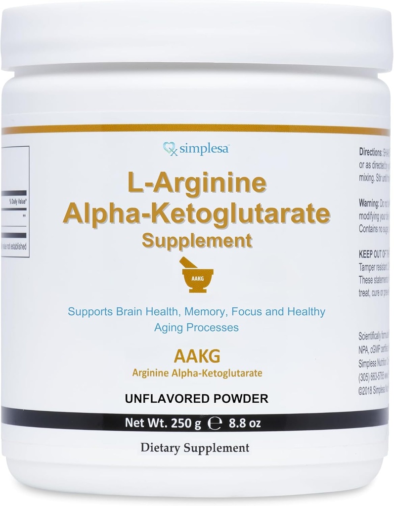 Simplesa AAKG Arginine Powder, L-Arginine Alpha-Ketoglutarate Supplement, 2000mg Per Serving, Supports Brain Health, Memory, Focus and Healthy Aging Processes, 250g Powder Supplement