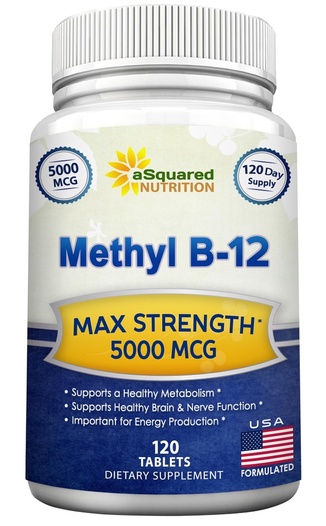 aSquared Nutrition Vitamin B12-5000 MCG Suplemento con Metilcobalamina (Metil B-12) - Max Strength Vitamin B 12 Soporte para ayudar a aumentar la energía natural, la función cerebral beneficiosa - 120 Tabletas