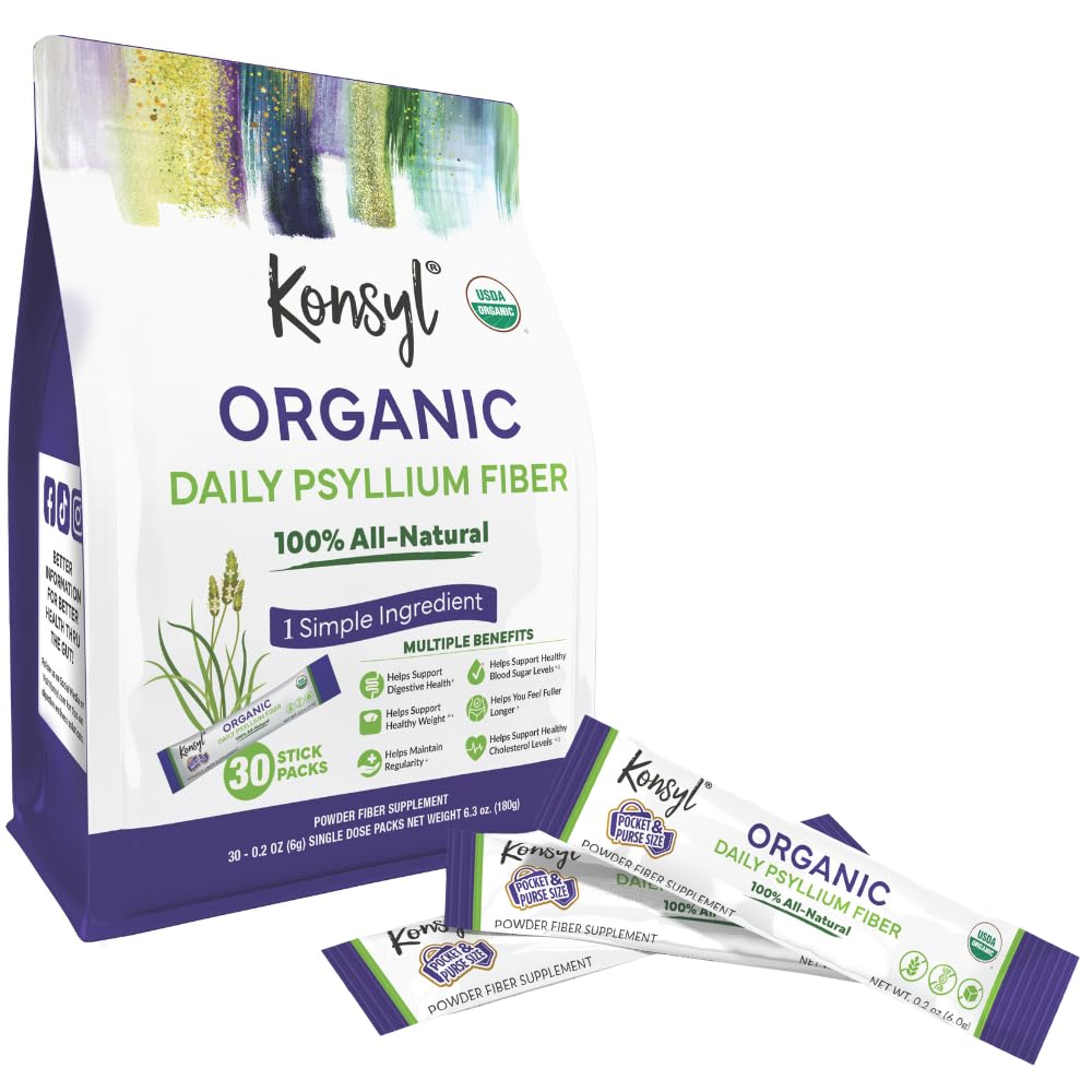 Konsyl Organic Daily Psyllium Fiber Stick Packs - On-The-Go Fiber Supplement Powder - Conveniente, All-Natural Soluble Fiber, Gluten-Free &amp; Sugar-Free, Vegan & Keto - 30 Packets