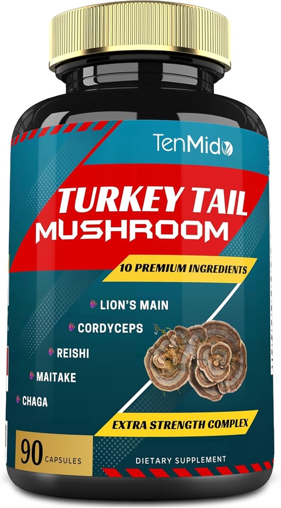 Turkey Tail Mushroom Supplement Extract with Lions Mane, Cordyceps, Reishi and More, 10 Herbs in 1 | Improves Digestive Function, Supports Immune System, 3 Months Supply