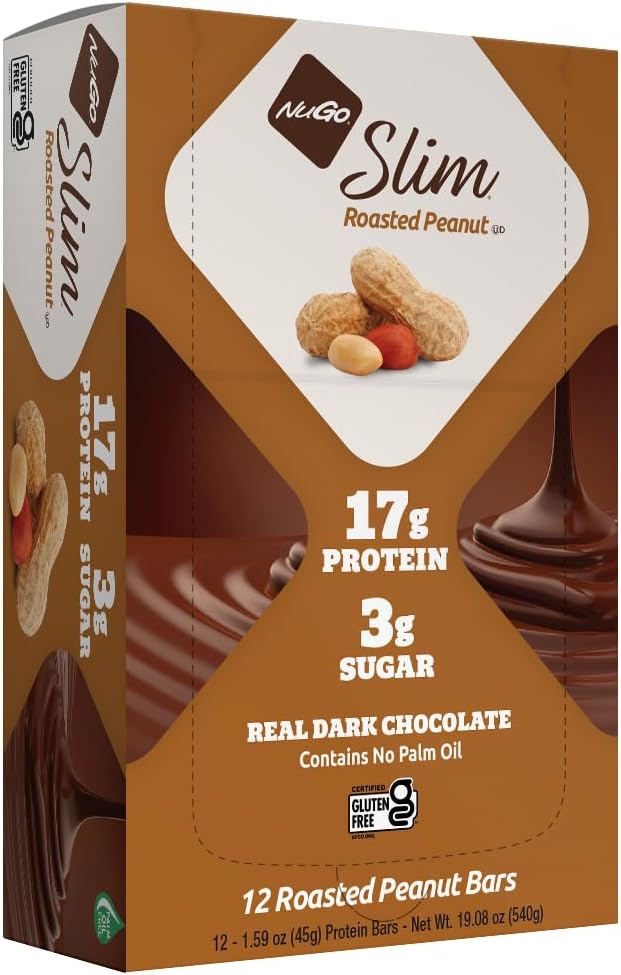 NuGo Slim Dark Chocolate Roasted Peanut, 16g Protein, 2g Sugar, 7g Fiber, Low Net Carb, Keto Friendly, Gluten Free, 12 Count