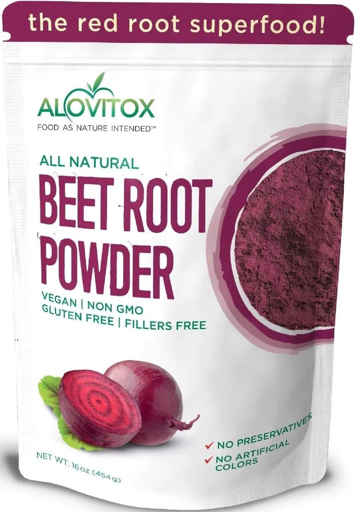Alovitox Organic Beet Root Powder | 100% Fresh Beet Root Extract | Nitric Oxide Superfood, High in Calcium, Iron, Potassium & Folate | Supports Effective Workouts | Vegan, Non-GMO, Gluten-Free | 16 oz