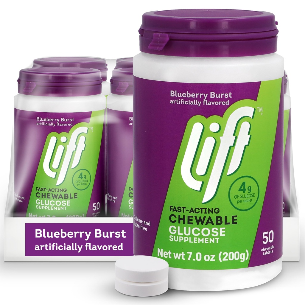 Lift Glucose | Fast-Acting Glucose Chewable Energy Tablets | Blueberry | 50 ct Jar (Pack of 6)