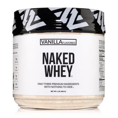 NAKED Vanilla Whey Protein 1Lb, Solo 3 Ingredientes, Todo Natural Grass Fed Whey Protein Powder + Vainilla + Coconut Sugar- GMO-Free, Soy Gratis, Gluten Free. Aid Muscle Growth, 12 Servings