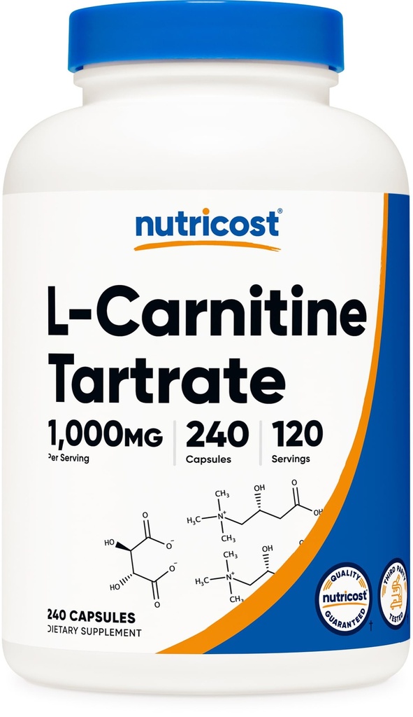 Nutricost L-Carnitine Tartrate 1000mg, 240 Capsules - 500mg Por Capsule, 120 Serviciones