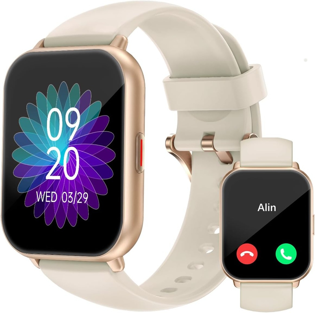 RUIMEN Smart Watches for Women Men (Answer/Make Calls, 2 Bands Included), 1.8" Smartwatch for iOS/Android Phones, Fitness Tracker Heart Rate/Sleep Monitor Digital Watch Waterproof Milky White