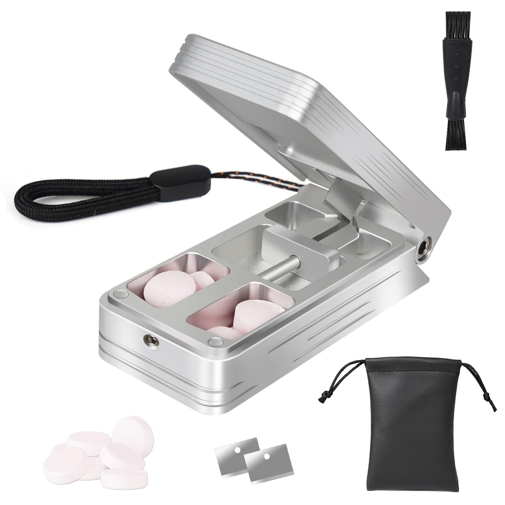 Pill Cutter para pequeñas y pequeñas pilas, plegador de aluminio profesional con dispositivo de centralización automática y 2 cuchillas de acero inoxidable reemplazables, separador portátil con caja PU (plata)