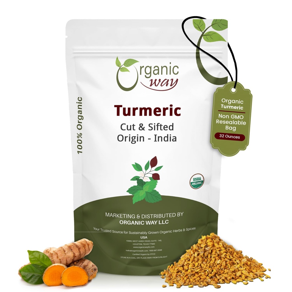 Orgánica Turmeric/Haldi Root Cut " Sifted (Curcuma Longa) - Herbal Tea TEN Kosher " USDA Certified ANTE Vegan, Non-GMO " Gluten Free TEN 100% Raw from India (2LBS / 32Oz.)