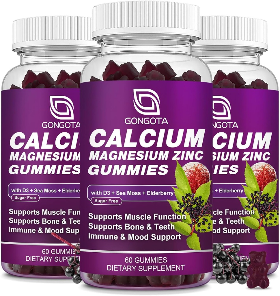 GONGOTA Magnesio Zinc de calcio con vitamina D3 Suplemento, Gummes de calcio altamente absorbidos con 300 mg de Magnesio Gliccinado Soporte Hueso &amp; Dientes, Musculo para adultos y adolescentes,Sugar Gratis, Vegan (3 Pack)