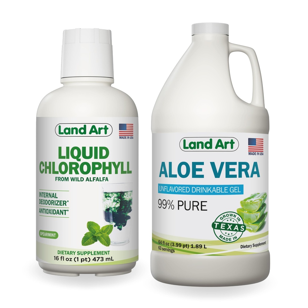 Land Art Pure Aloe Vera Gel Bebible Desflavorado 64 fl oz + Liquid Chlorophyll Mint Flavored 16 fl oz