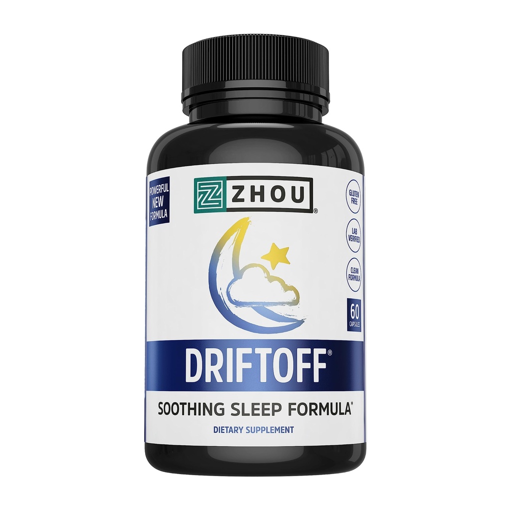 Zhou Driftoff - La Naturaleza Inspirada Ayuda al sueño, Valerian Root &amp; Melatonina para el sueño para hombres &amp; mujeres, Calm Sleeping Suplemento para adultos con Gaba & Chamomile para relajarse - 60 Veggie Capsules