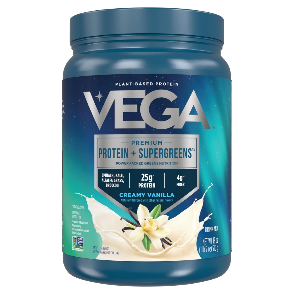 Vega Protein and Greens Protein Powder Creamy Vanilla (11 Servings) 25g Plant Based Protein Plus Veggies, Vegan, Non-GMO, Pea Protein for Women and Men, 1.2lbs