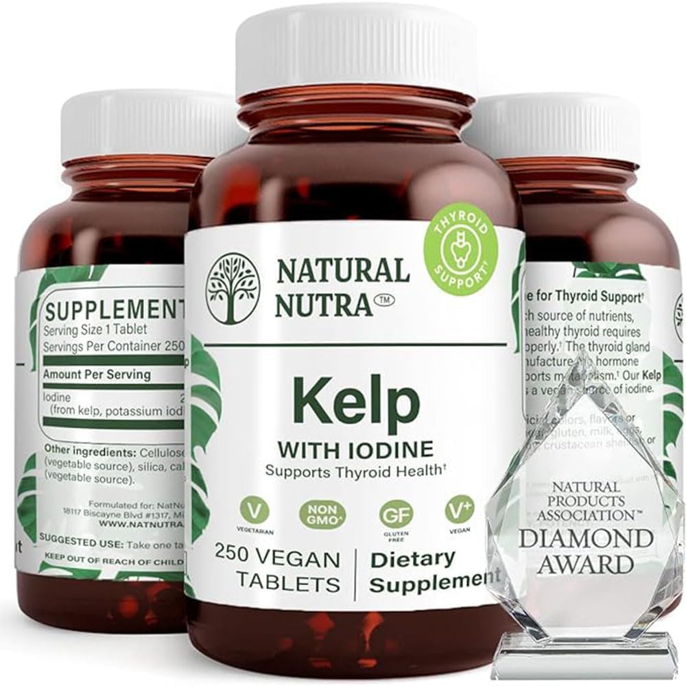 Natural Nutra Kelp Iodine Thyroid Support Suplemento, Fortalece el Sistema Inmunitario y Regula el Metabolismo, Vegan Sea Kelp, Non GMO, Atlantic Sourced Seaweed Extract, 225 mcg, 250 Tablets (Pack of 2)