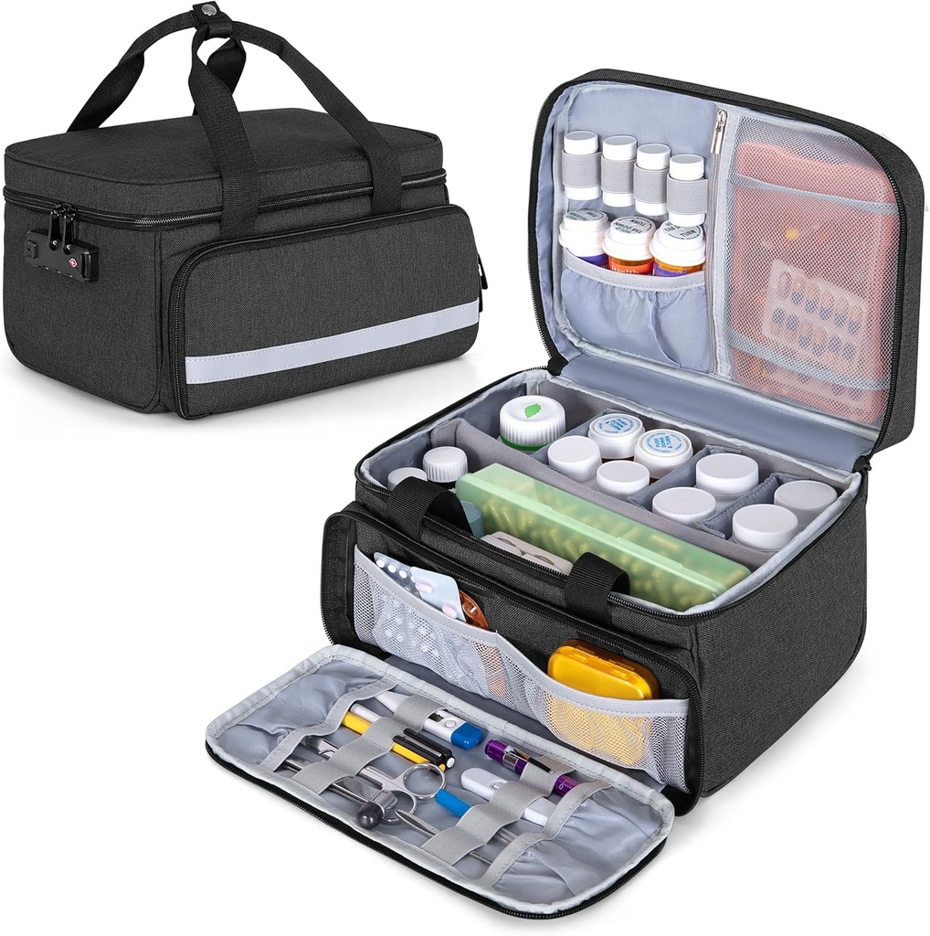CURMIO Pill Bottle Organizer Almacenamiento, Medication Lock Box for Pill Organizer and Medical Supplies, Black (Patented Design)