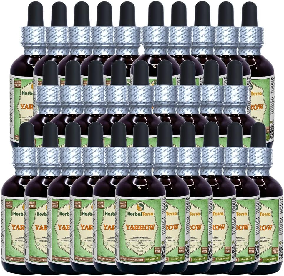 Yarrow (Achillea Millefolium) Glycerite, Organic Dried Flowers Alcohol-Free Liquid Extract (Marca: HerbalTerra, Proudly Made in USA) 30x2 fl.oz (30x60 ml)