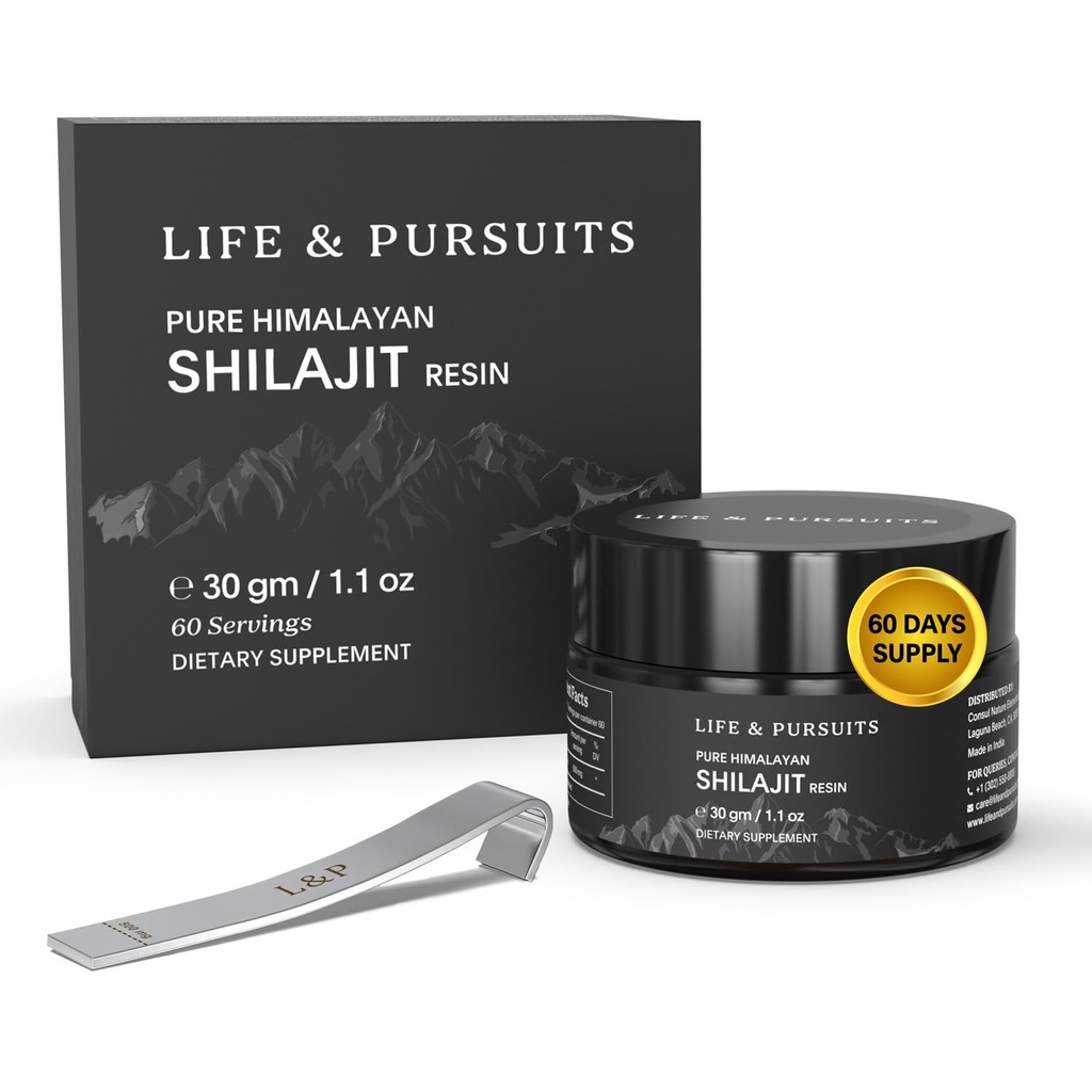 Life & Pursuits 100% Puro Real India Himalayan Shilajit Resin, 1.1 oz 500mg, Mínimo 75% Ácido Fulvico, 85+ Minerales Trace, Suplemento dietético para Hombres Informe de Prueba de laboratorio de 3er Partido, 60 Servimientos (Pack of 1)