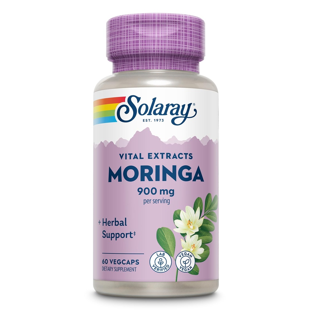 SOLARAY Moringa Capsules 900 mg - Moringa Supplement with 135 mg Saponins - Herbal Support w/Naturally Occurring Vitamins, Minerals, Amino Acids, Vegan, 60-Day Guarantee, 30 Serv, 60 VegCaps