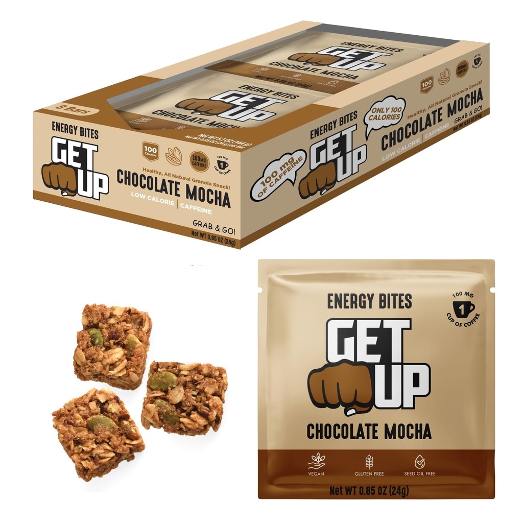 GetUp – Caffeinated Granola Bites - Chocolate Mocha (10 Pack) – 100mg Caffeine Energy Bites – Baja Calorie, Sin gluten, 0 Semillas – Pre-Workout Portable Snack – Café Substituto - Energía de bajo azúcar