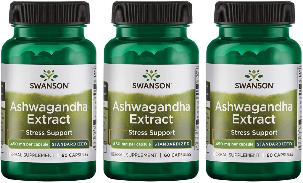 Swanson Ashwagandha Extract-Natural Supplement Promoting A Healthy Stress Response, Energy Support & Nervous System Health-Ayurvedic Supplement for Natural Wellness-(60 Capsules, 450mg Each) (3 Pack)