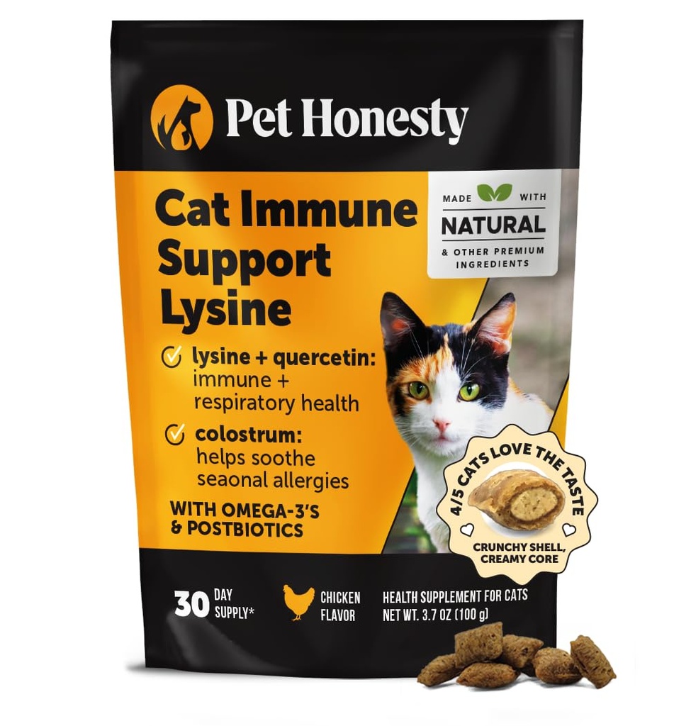 Cat Immune Support Lysine – Allergy Relief & Immune Health Supplement for Cats with L-Lysine, Colostrum, Quercetin & Omega-3 – Soothes Sneezing, Runny Nose & Itchy Skin Chicken, (30-Day Supply)