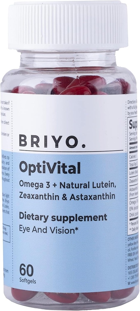 Briyo Optivital Eye Health Supplement with Lutein, Zeaxanthin, Astaxanthin and Omega 3 – Supports Visual Clarity, Screen Fatigue Relief and Long Term Retinal Health – One a Day, 60 Softgels