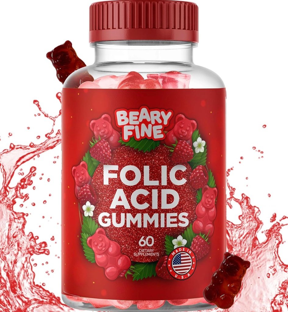 Folic Acid Gummies 400mcg - Esencial Prenatal &amp; Pregnancy Gummy for Women, Moms & Baby to Be - 60 Raspberry Flavored Folate Gummy Vitaminas - Made in The USA