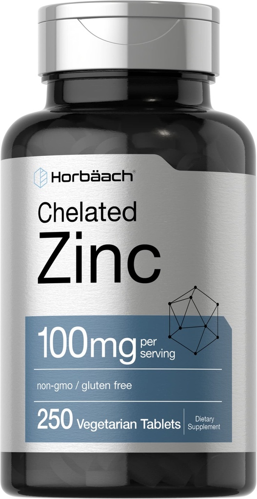 Horbäach Chelated Zinc Supplement 100mg TENIDO 250 Tablets TEN High Potency & Superior Absorption TEN VÍgetarian, Non-GMO, Gluten Free