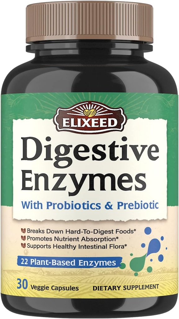 Enzimas digestivas más probióticos " Prebióticos " , 22 enzimas digestivas con amilasa, protease, lactasa " , fuerza máxima, para la digestión saludable, vegano, no transgénico, 30 cápsulas