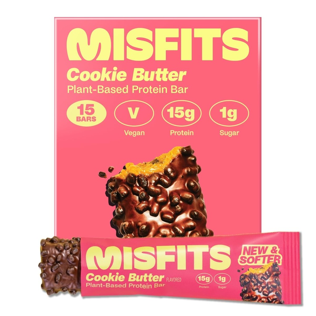 Misfits Vegan Protein Bares, Cookie Butter - Actualizado Recipe ← Planta Basada, Bajo Azúcar &amp; Carb, High Fiber Snacks ё Pack of 15