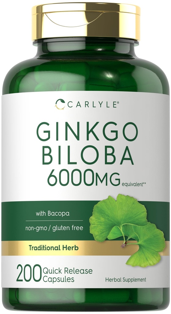Carlyle Ginkgo Biloba Pills TEN 6000mg ANTE 200 Capsules Silencio con Bacoba Extract ← Extra Strength, Non-GMO y Gluten Free Herbal Supplement