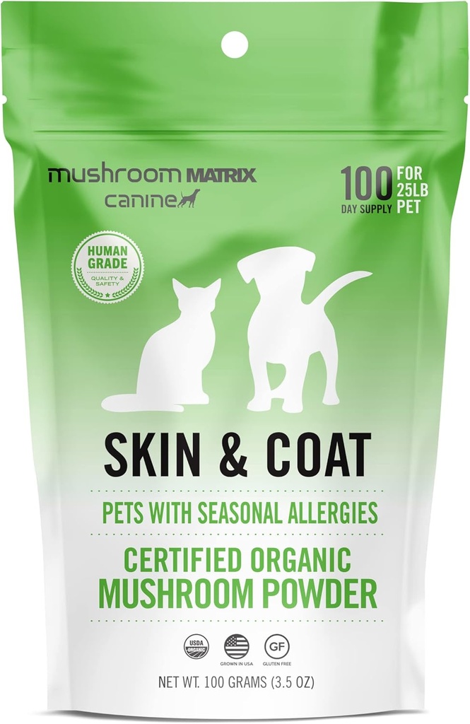Om Mushroom Matrix Pet - Canine ← Skin " Coat ← Estados Unidos Grown Human-Grade Organic Mushroom Powder Pet Supplement ¦ Seasonal Allergy Skin " Coat Support for Dogs " Cats TEN 100 Grams, 3.5 oz