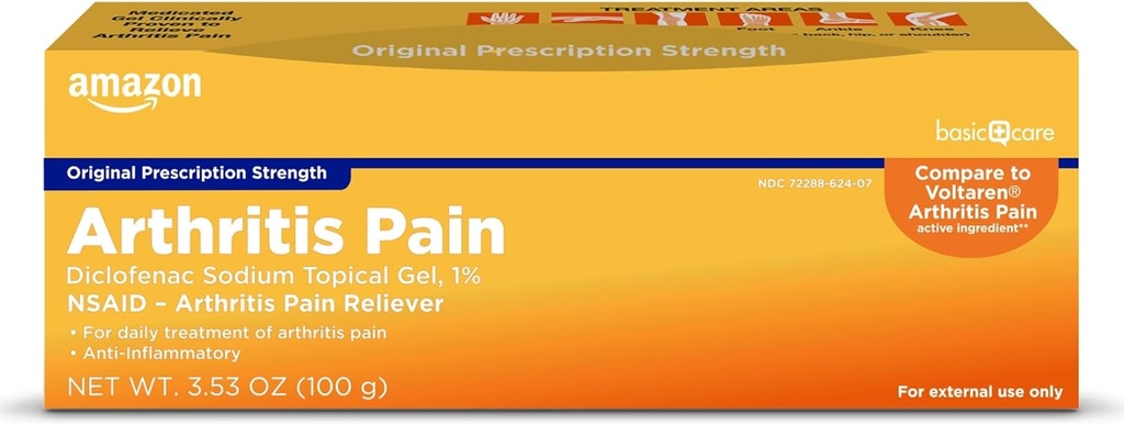 Artritis cuidado básico dolor Gel alivio, Diclofenac Sódico Gel tópico, 1 Pág., Medicamento antiinflamatorio no esteroideo, 100 gramos, 3.53 onza (Pack of 1) (Packaging puede variar)