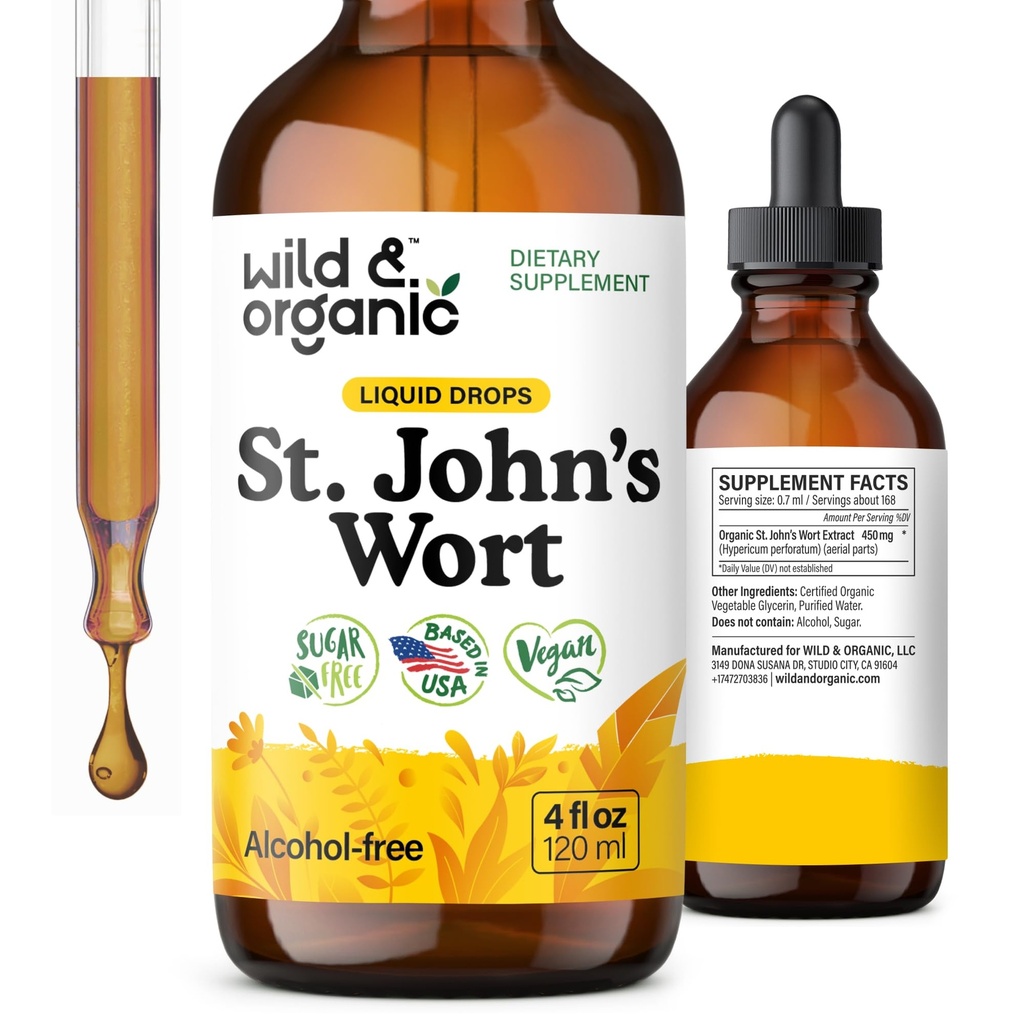 Wild & Organic St Johns Wort Tincture - Mood Support - Calming St John's Wort Suplemento - Hypericum Perforatum Herbal Liquid Drops - Vegan, Azúcar &amp; Alcohol Gratis - 4 fl oz