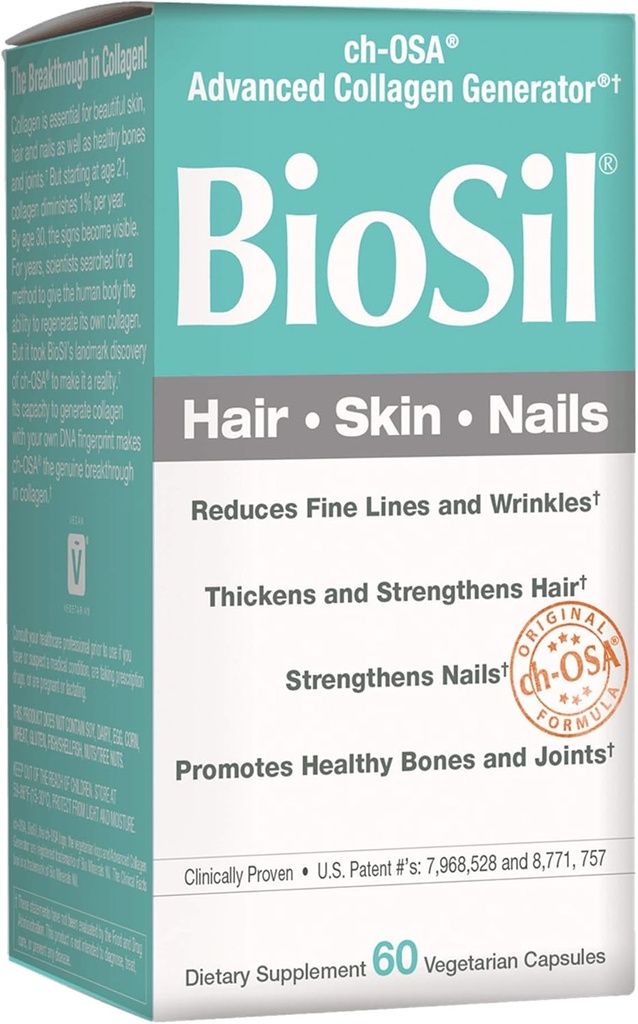BioSil por factores naturales, pelo, piel, uñas, soportes Crecimiento saludable y fuerza, Collagen vegano, Elastin y generador de queratina, 60 cápsulas