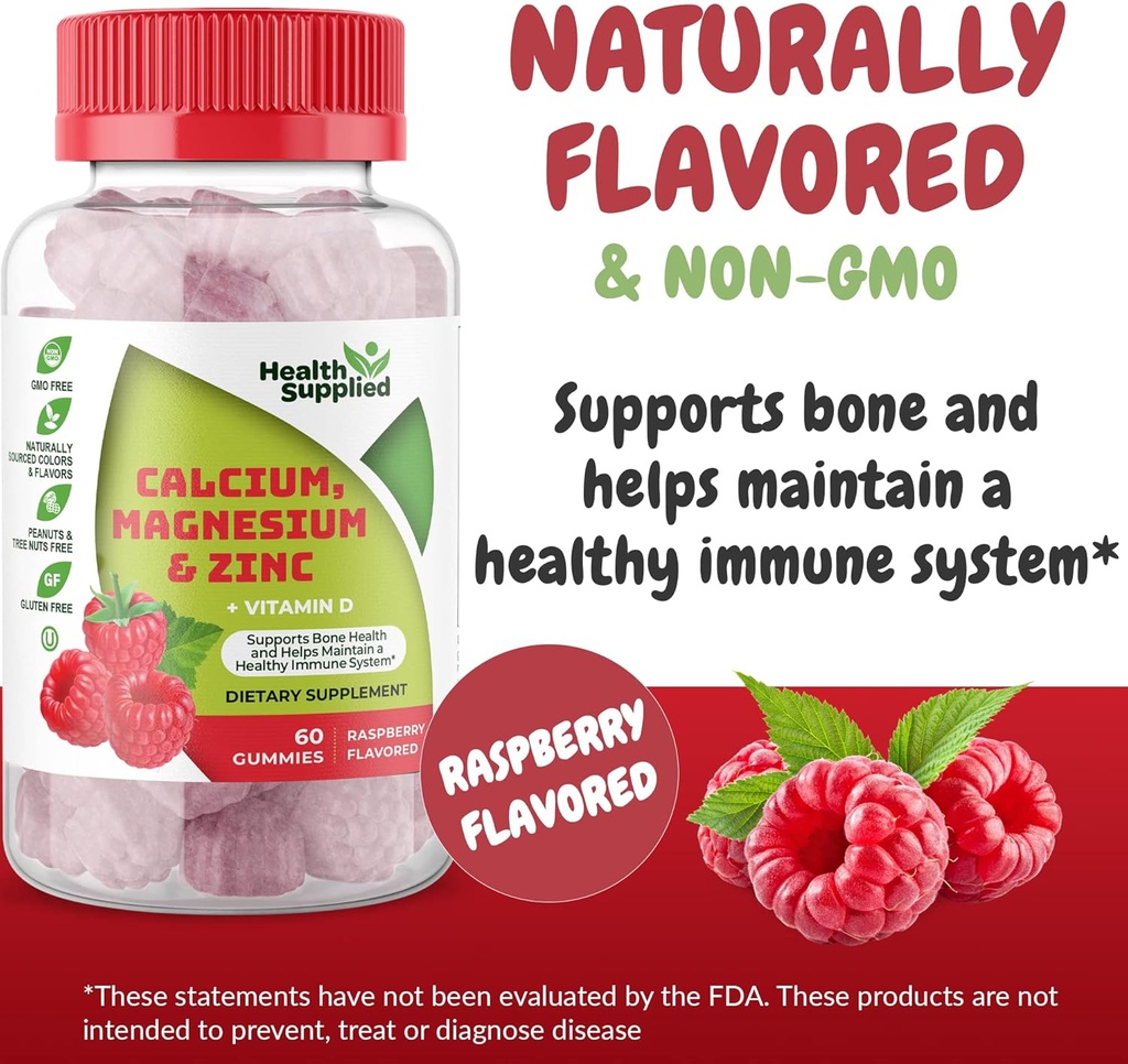 Calcio Magnesio &amp; Zinc + Vitamina D Gummies ← Bone Health Immune Health Energy and Muscle Function ← Daily Dietary Vitamin Supplement ← para adultos, adolescentes ← Fruity Raspberry Flavor