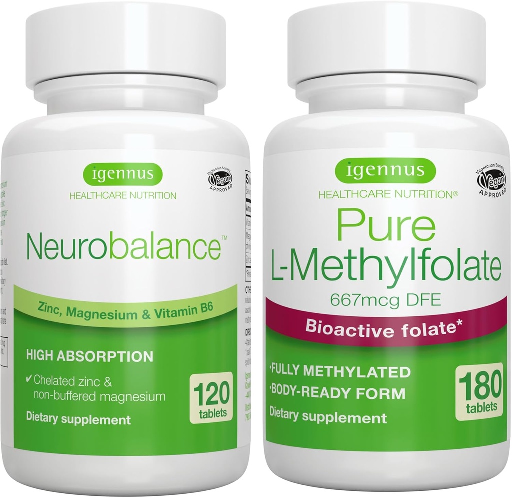 Neurobalance Zinc, Magnesium & Vitamin B6 + Pure Folate 400mcg Vegan Bundle, Chelated Zinc Picolinate 24mg, Oxide-Free Magnesium & Vitamin B6 + Optimized L-Methylfolate, by Igennus
