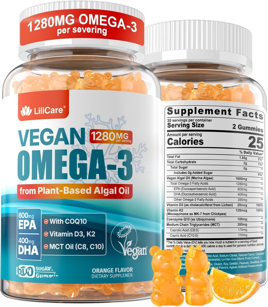 Vegan Omega-3 Gummies 1280mg + CoQ10 + Vitamin D3 K2 (MK7), Omega 3 Fish Oil Alternative for Adults w/EPA 600mg DHA 400mg & MCT Oil, No Fish Taste from Marine Algae, for Brain, Eye, Immunity, 1 Pack