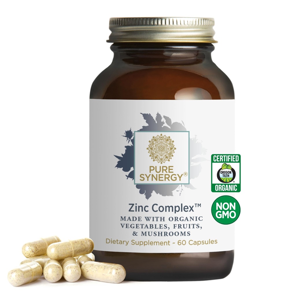 PURE SYNERGY Zinc Complex | Immune Support Supplement | Natural, Vegan Zinc Complex with Vitamin C and Organic Whole Foods | for Immune, Brain, and Skin Health (60 Capsules)