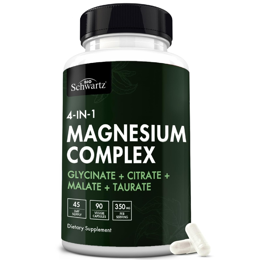 BioSchwartz Magnesium Complex Supplement (90 Capsules) 350mg Magnesium Glycinate Citrate Malate and Taurate Per Serving for Healthy Nerves Muscles Heart Sleep Support (Vegan, Gluten-Free, Non-GMO)