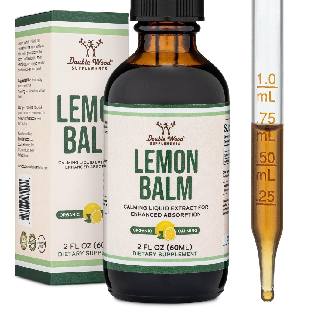 Double Wood Supplements Organic Lemon Balm Tincture - for Digestion & Relaxation 590mg - 2FL OZ, 120 Servings (Better Absorbed Than Capsules, Great for Lemon Balm Tea)