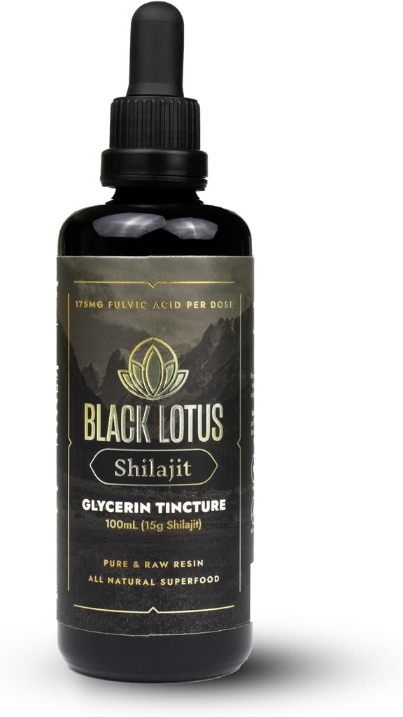 Black Lotus Pure Shilajit Resin Liquid Tincture, 100ml, 100% Puro Shilajit Natural para Hombres &amp; Mujeres con Aminoácidos, 175mg Ácido Fulvic, 85 Minerales de Traza Iónica, para Immune Support, Focus, Energy