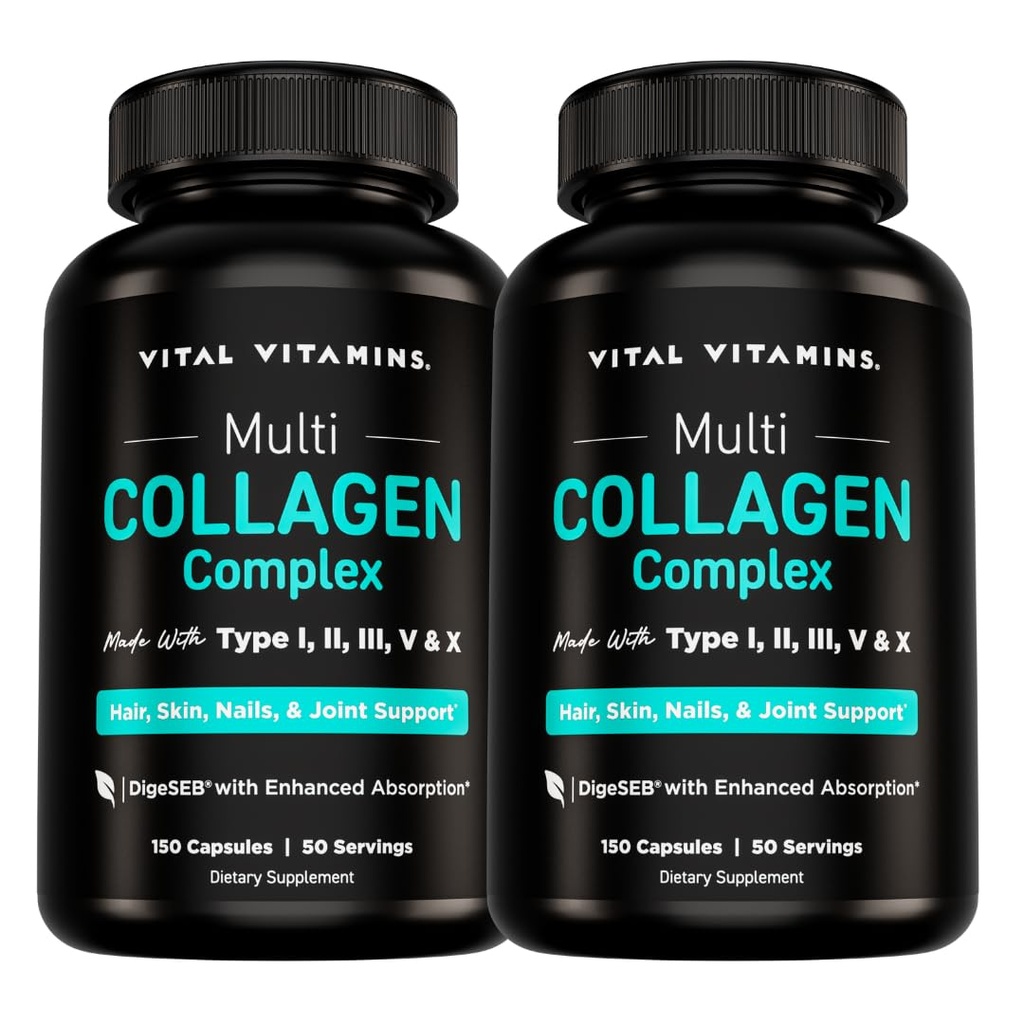 Vital Vitamins Multi Collagen Pills for Women & Men (2-Pack) - Hydrolyzed Collagen Peptides - Type I, II, III, V, X - Grass Fed, Non-GMO