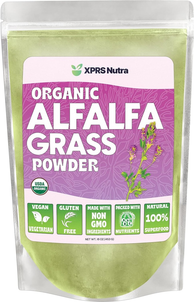 XPRS Nutra Organic Alfalfa Powder - Suplemento Vegan Premium Rico en Calcio, Antioxidantes, Vitaminas - Suplemento Agricultor para Niños y Adultos - Vegan Friendly Alfalfa Leaf (16 onzas)