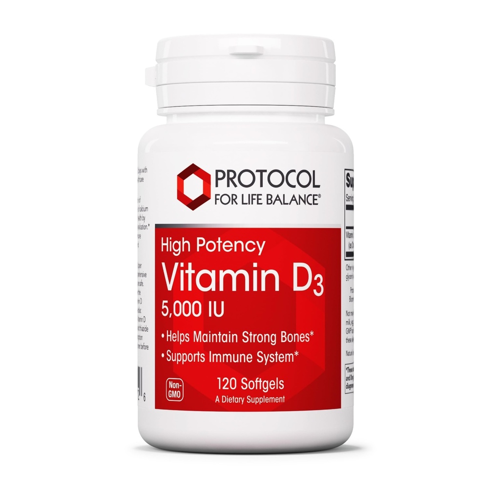 PROTOCOLO PARA LA BALANCE DE VIDA - Vitamina D3 5000 UI (High Potency) Apoya la Absorción del Calcio, la Bonificación y la Salud Dental, Función del Sistema Inmune, Sistema Nervioso y Función Cognitiva - 120 Softgels